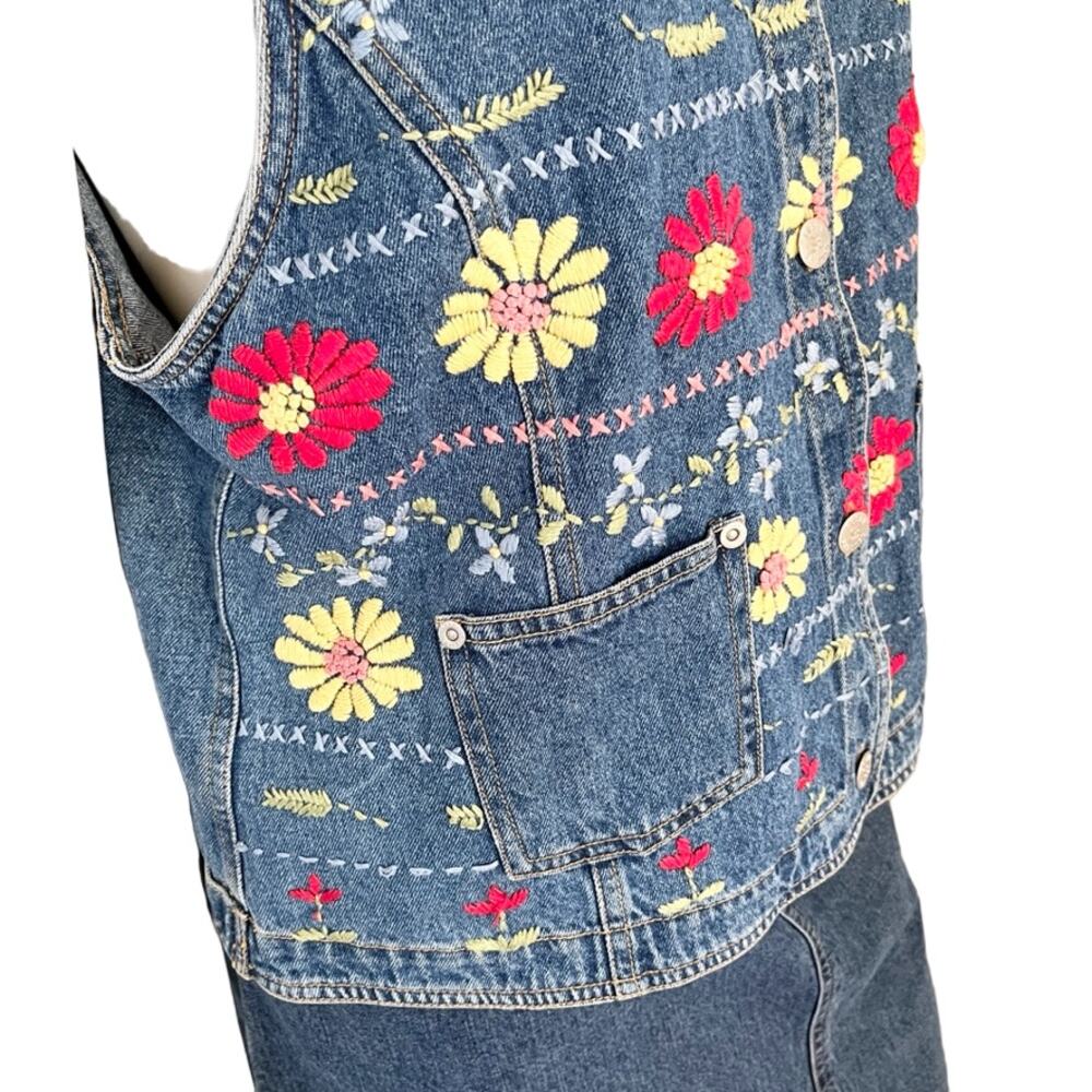 VTG SUSAN BRISTOL Floral Embroidered Denim Vest  Hippie Boho Festival  SZ L - Picture 6 of 13